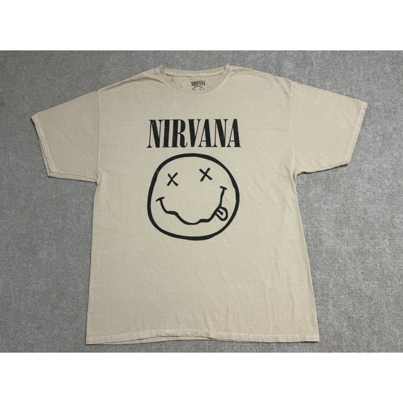 Nirvana Iconic Smiley‎ Face Graphic T-shirt Men M / L Beige Band Music Rock Punk - Picture 1 of 4